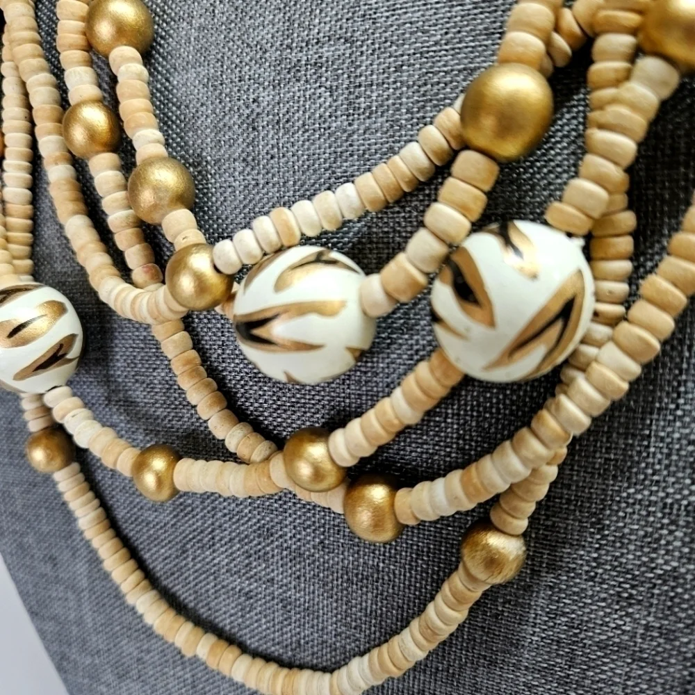 VINTAGE Wooden Animal Print Painted Beaded Statement Necklace